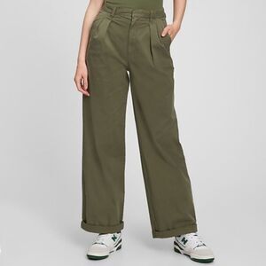 Gap High Rise Pleated Wide Leg Khakis Pants Army Jacket Green Washwell Trouser 4